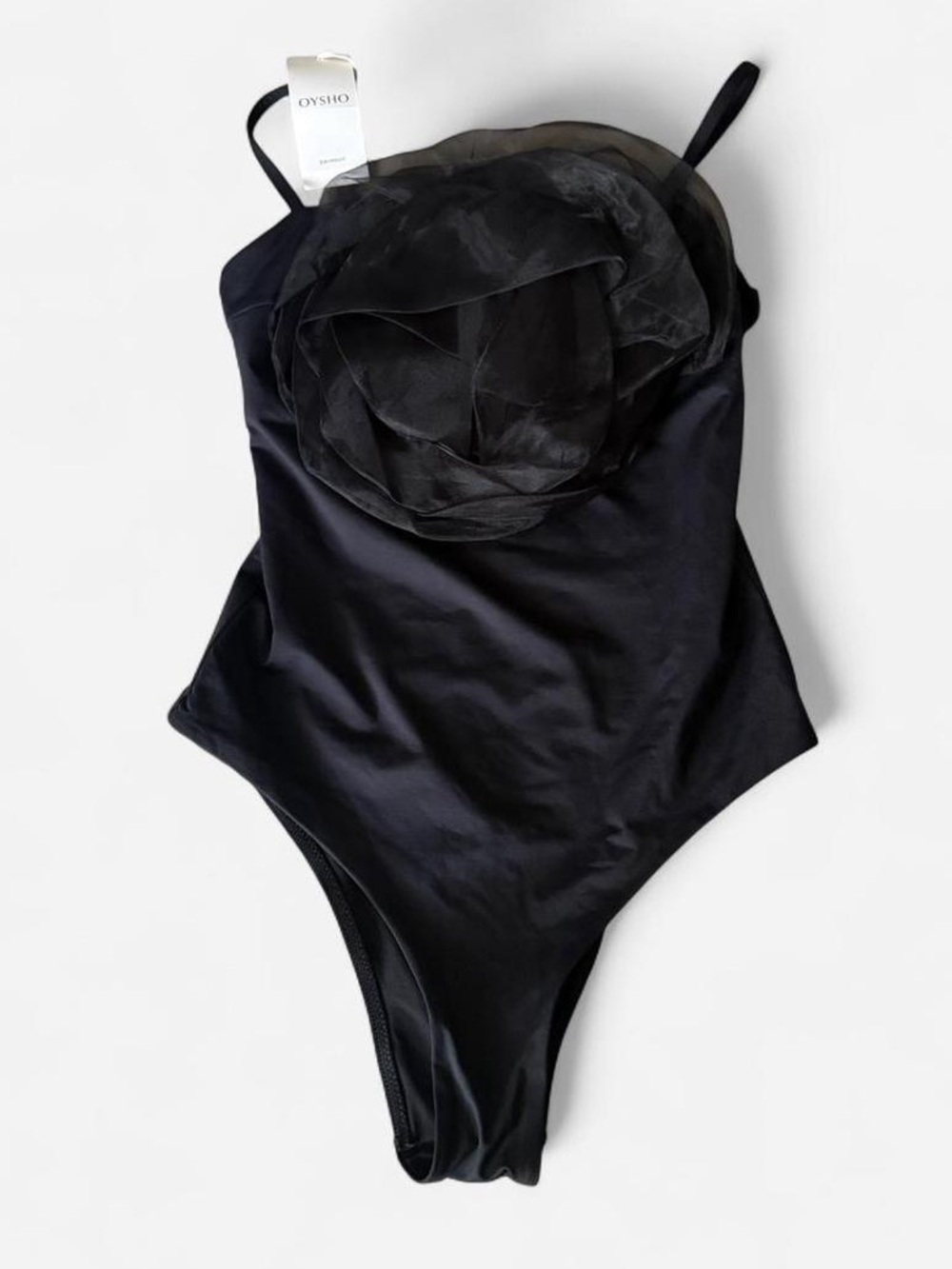 Black OYSHO One-Piece Swimsuit with Floral Overlay NWT